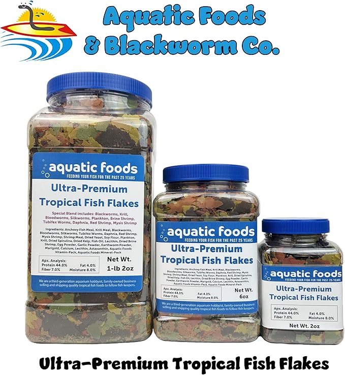 Aquatic Foods Inc. Ultra-Premium 8-Type Special Blend of Tropical Fish Flakes for Discus, Cichlids, Angel Fish, Guppies. Tetras, All Tropicals. AF Flakes…1-lb 2oz Lg Jar