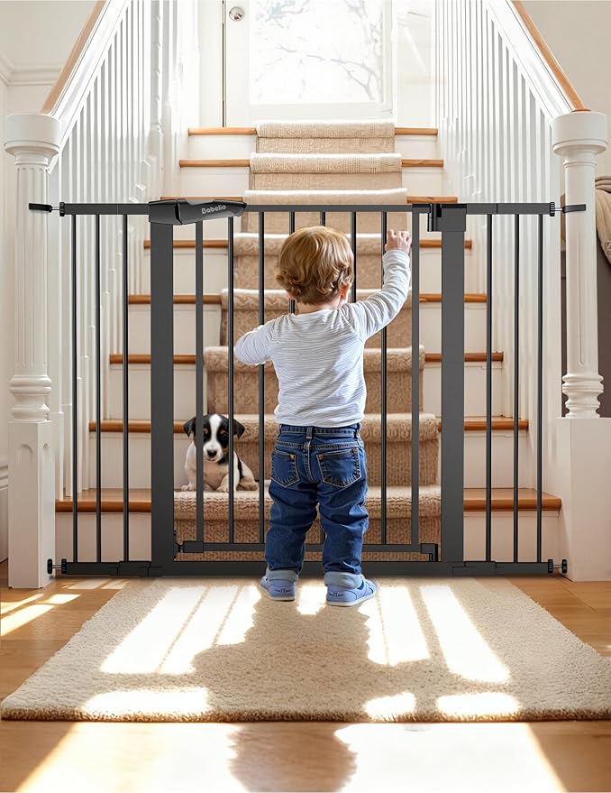 Babelio Metal Auto Close Baby Gate PressGuard P7,Extra Wide Pet Gate for The House and Doorways, Pressure Mounted Walk Thru Child Gate with Door (Black, 30" Tall 29"-48" Wide)