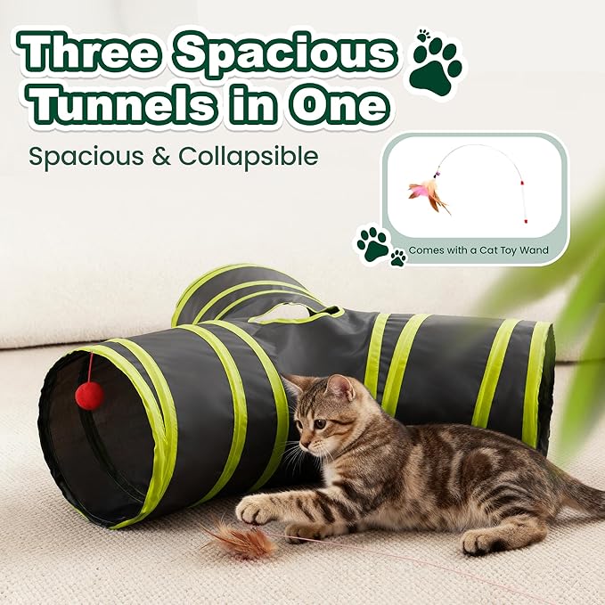 Love's cabin Cat Tunnels for Indoor Cats, Cat Tube Toys 3 Way Collapsible, Pet Play Tunnel with Peek Hole Toy Ball for Kitty, Kitten, Rabbit, Black&Yellow, Small Size (23.6"X13"X11")