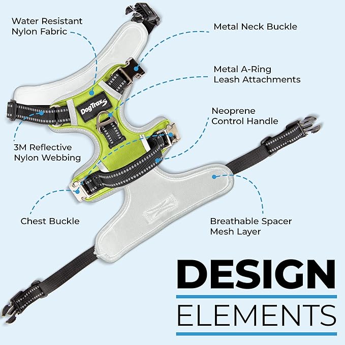 Step in Dog Harness for Extra Large Dogs, Chartreuse Green, Adjustable, Easy On Off, No Pull Through Design, 2 Dog Leash Points, 3M Reflective Trim, Neoprene Padded Control Handle