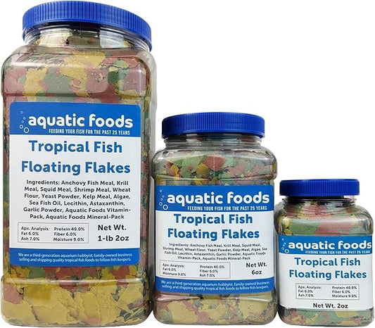 Aquatic Foods Inc. Premium Tropical Fish Flakes, Mix of Krill, Color Enhancing, Spirulina Flakes for Cichlids, Angels, Goldfish, All Tropical Fish Also Pellet Mix, Wafer Mix Included…2oz