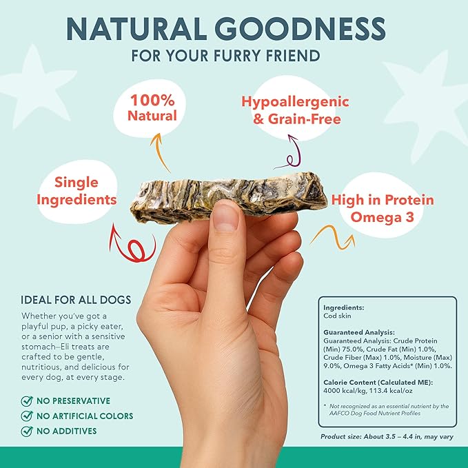 Eli Cod Skin Fingers – A Natural, Crispy Fish Skin Stick Treat for Dogs, High in Protein and Omega-3, Ideal for Teeth Cleaning, Single Ingredient, Grain Free, Gluten Free, Air Dried – 3 oz