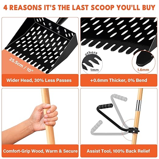 Chicken Poop Scooper for Sand, Extra Large Chicken Coop Scoop with 47" Handle & Assist Tool, 1.6mm Thick Heavy Duty Chicken Scooper for Poop, 2-in-1 Sifting Rake for Effortless Cleaning