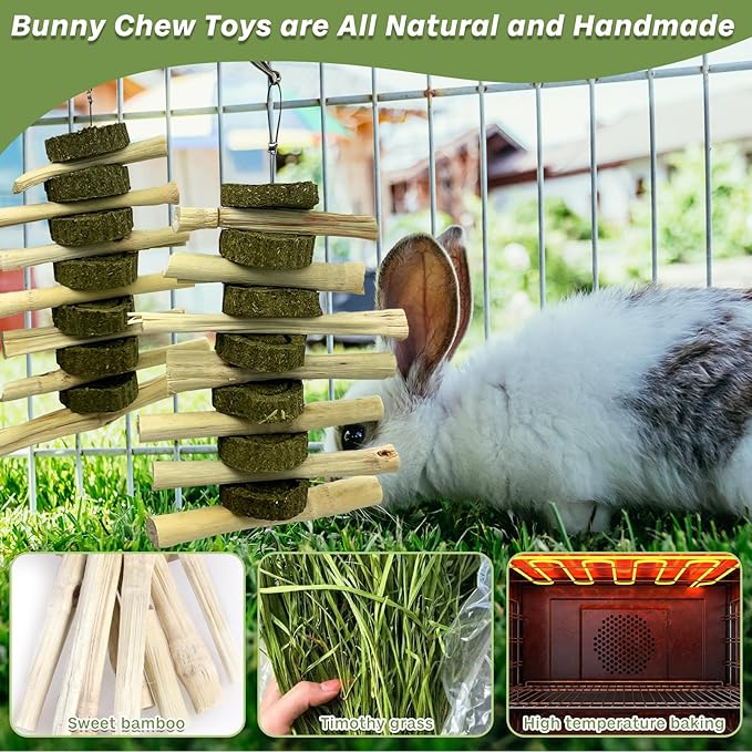 kathson Guinea Pig Treats Bunny Chew Toys for Teeth Grinding, Organic Bamboo Sticks Natural Rabbit Enrichment Toys for Small Animals Hamster Chinchilla 4 Pack