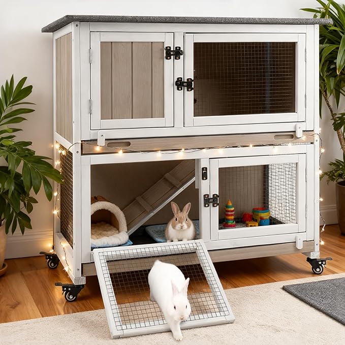36" L Rabbit Hutch Indoor Wooden 2 Story Bunny Hutch Rabbit Cage Outdoor Bunny Cage on 4 Metal Wheels and 2 Deeper Pull Out Trays, Ramp, Guinea Pig Pet House for Small Animals, Grey