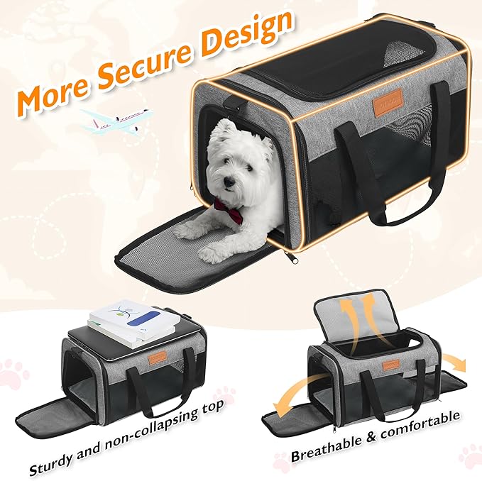 PETUX Airline Approved Cat Carrier or Small Cat up to 12 lb - 17"x11"x9.5", TSA, Underseat, Top & Side Entry Pet Carrier with Breathable Anti-Scratch Mesh & Litter Box for Travel and Vet Visit - Grey