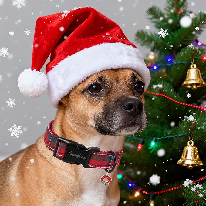Unique Style Paws Christmas Dog Collar Plastic Buckle with Pendant Red Plaid Cotton Puppy Collars for Small Medium Large Dogs