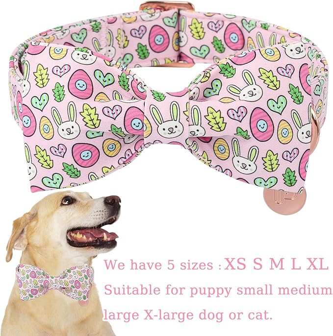 Easter Bunny Dog Collar with Bowtie,Cotton Easter Eggs Bowtie Collar for Puppy Girl Boy Dogs,Cute Bunny Pet Collars with Metal Buckle,Gift Dog Collars, XL, Neck 16-26in