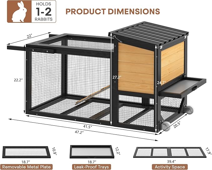 2-Story Rabbit Hutch, Bunny Hutch w/Chew-Proof Ramp & Wheels, Indoor Outdoor Bunny Cage w/Leak-Proof Trays and Openable Waterproof Roof for Guinea Pig, Yellow