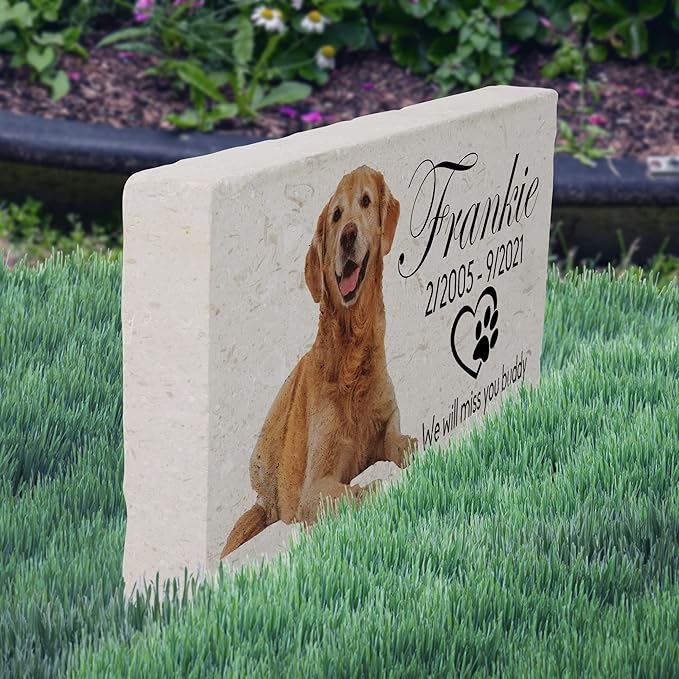 Custom Dog Memorial Stone, Personalized Pet Headstones for Dogs, Outdoor Pet Grave Markers with Photo Print and Text, Loss of Pet Sympathy Gift, 12”x 6”x1.25" Pet Grave Stone (A. Frankie Design)