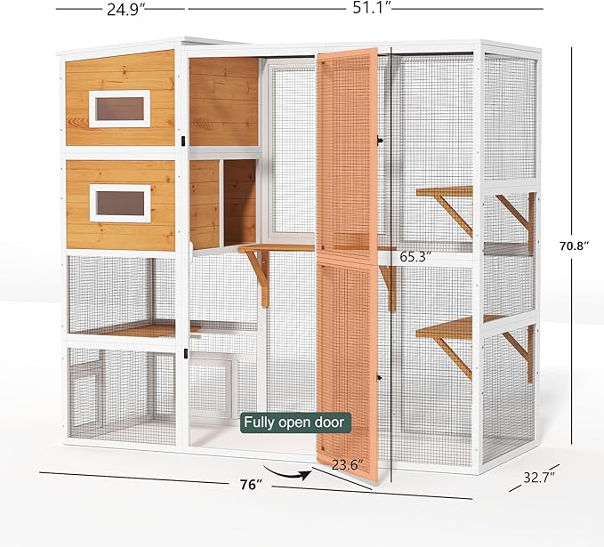 Catio Outdoor Cat Enclosure, Large 4 Tiers Cat Catio Connect to Window for Outdoor Indoor Cats with Weatherproof Roof, Resting Rooms, Platforms, Large Door, 76" L x 32.9" W x 70.8" H, White
