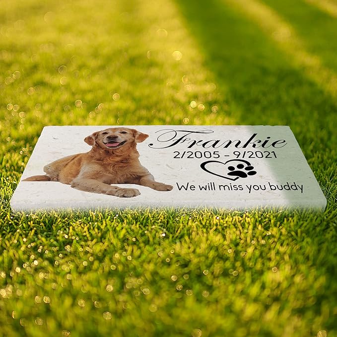 Custom Dog Memorial Stone, Personalized Pet Headstones for Dogs, Outdoor Pet Grave Markers with Photo Print and Text, Loss of Pet Sympathy Gift, 12”x 6”x1.25" Pet Grave Stone (A. Frankie Design)
