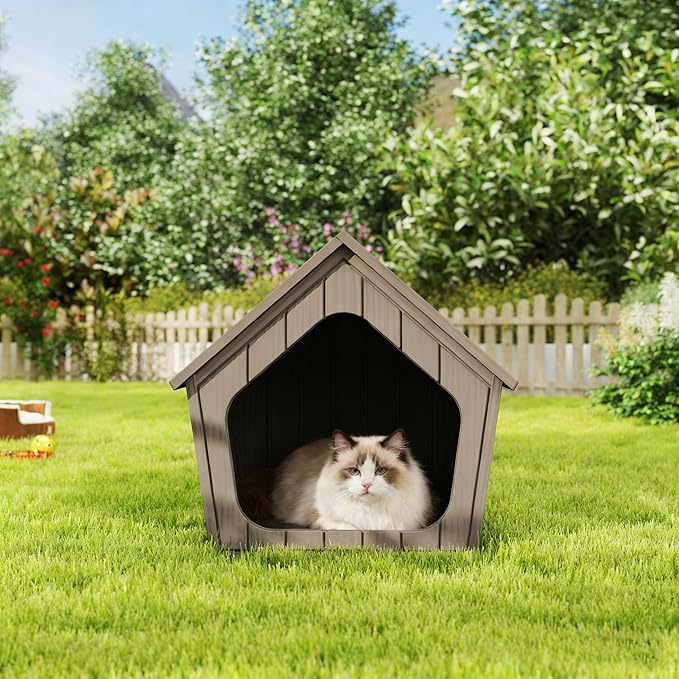 Outdoor Cat House Weatherproof, Plastic Cat House with Wide Entry, Feral Cat Shelter for Porch, Garden, Backyards, Garage, Neighborhood, Indoor(Gray)