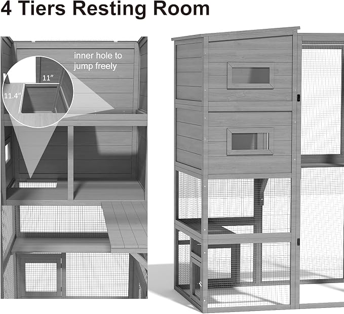 Catio Indoor Cat Enclosure, 4-Tier Large Cat Catio with Window Access, Indoor Catio Enclosure for Multiple Cats with Weatherproof Roof, 3 Resting Rooms, 3 Platforms & 2 Large Doors, Grey