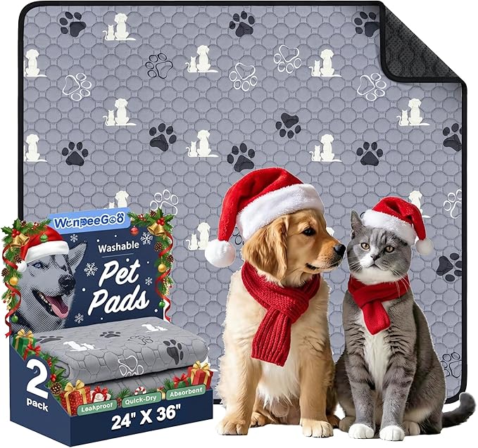 Washable Pee Pads for Dogs Mat, 2 Pack Absorbent Reusable Training Dog Pads Pet Puppy Pads, Non-Slip Potty Pads for Whelping, Playpen, Crate, Bed, Grey 24"x36"