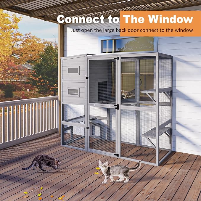 Catio Indoor Cat Enclosure, 4-Tier Large Cat Catio with Window Access, Indoor Catio Enclosure for Multiple Cats with Weatherproof Roof, 3 Resting Rooms, 3 Platforms & 2 Large Doors, Grey