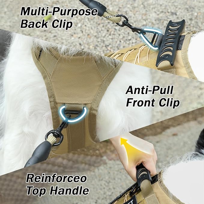 No Pull Tactical Dog Harness for Small Dogs, Escape Proof Molle Dog Vest Harness and Leash Set, Adjustable Military Service Dog Harness with Handle for Medium Large Dogs(Brown, Small)