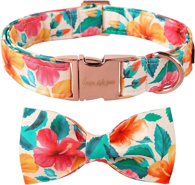 Unique Style Paws Cotton Dog Collar with Bow Floral Plaid Colorful Dog Collar with Bow Tie for Small Medium Large Dogs Pets Gifts