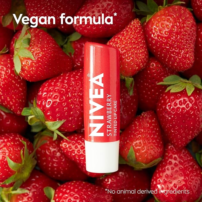NIVEA Strawberry Lip Care, Red Tinted Lip Balm Pack with Shea Butter, Nourishing Oils and Vitamin C & E, 3-in-1 Moisture, Repair and Color, 0.17 Oz Stick, Pack of 4
