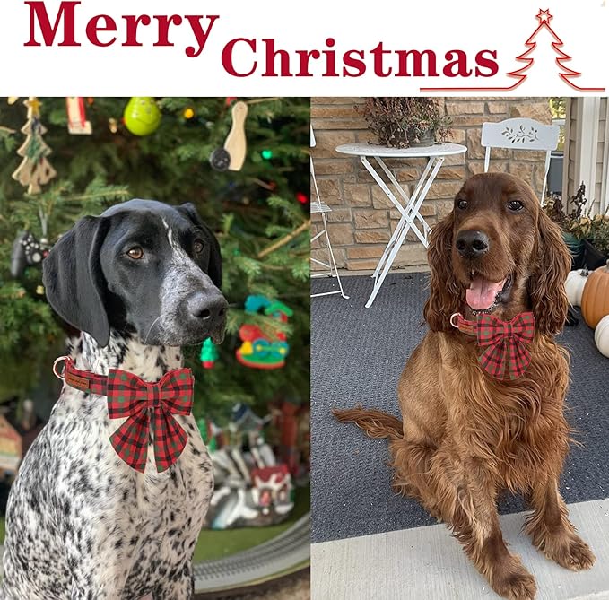 Unique style paws Christmas Dog Collar with Bow Tie Black Red Green Plaid Puppy Collar for Small Medium Large Dogs as Autumn Winter Pet Gifts-XL