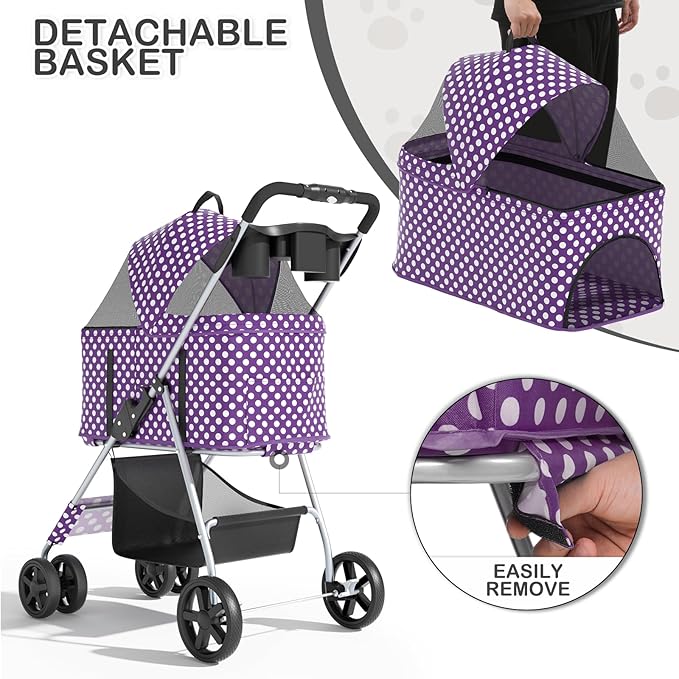 MoNiBloom 3 in 1 Foldable Pet Stroller for Small & Medium Dogs, Detachable Carrier, Car Seat, Push Button Entry, 4-Wheel Jogger for Pets up to 33 lbs, Purple Polka Dots