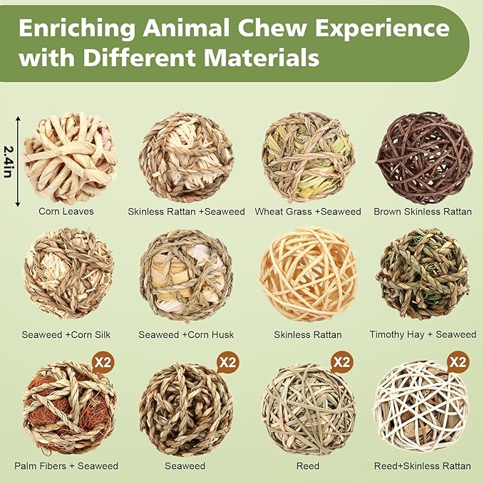 Bunny Chew Grass Balls, Rolling Chew Toys for Small Animals, Improving Dental Health, Natural Chew Grass Toys for Rabbits, Guinea Pigs, Chinchillas, Hamsters, Mice (16 Pcs)