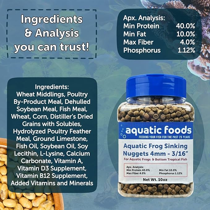 Aquatic Foods Inc. Aquatic Frog, 4mm-3/16 Sinking 40% Protein Nuggets for Aquatic Frogs, Axolotl, Salamanders, Snails, All Bottom Tropical Fish...2-lbs Jar