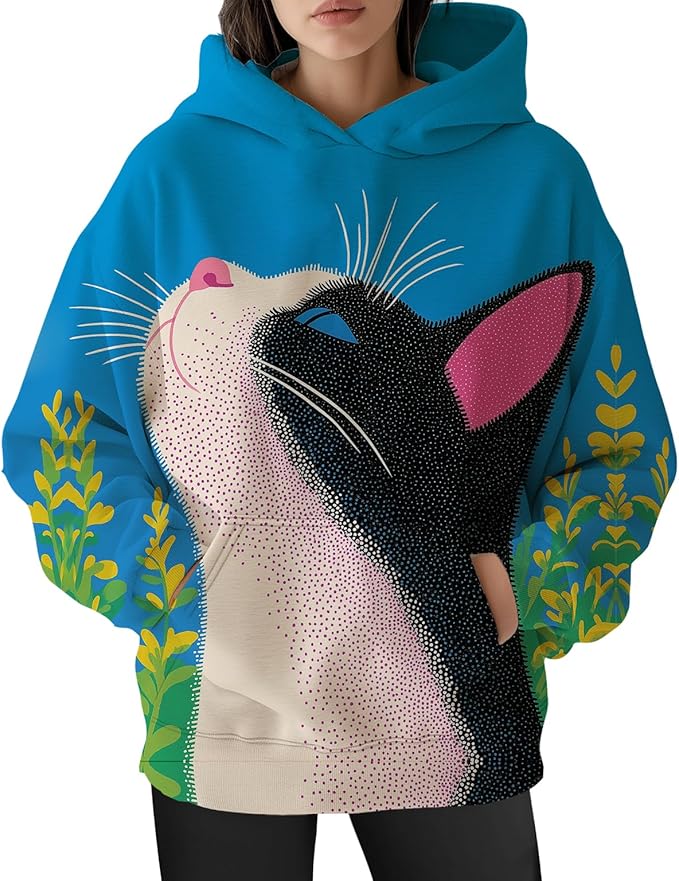 Womens Funny Cat Hoodies Oversized Graphic Hooded Sweatshirt for Women Fall Plus Size Pullover Hoodie Y2K