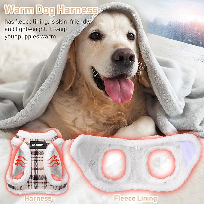 GAMUDA Small Dog Harness Collar and Leash Set, Step in No Chock No Pull Soft Mesh Adjustable Dog Vest Harnesses Plaid Reflective for Dogs Puppy Cats Kitten Rabbit (Warm Beige, L)