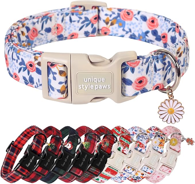 Unique Style Paws Dog Collar Plastic Buckle with Pendant Blue Rose Flower Grid Cotton Puppy Collars for Small Medium Large Dogs