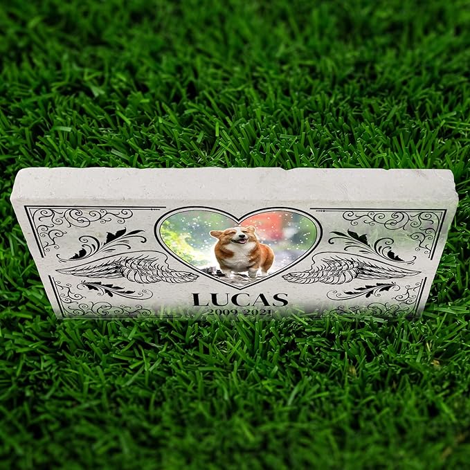 Personalized Pet Memorial with Keepsake Photo on Limestone - Headstones, Garden Stones, and Grave Markers for Dogs - Dog Memorial Stone, Pet Memorial Gifts - 12”x 6”x1.25" (B. Lucas Design)