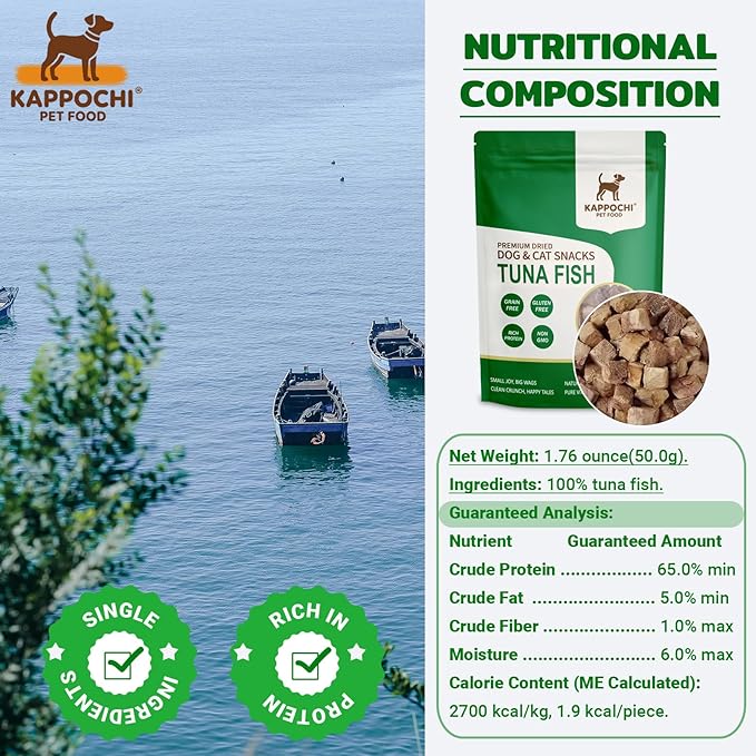 Freeze-Dried Tuna Fish Cat Dog Treats, 1.76oz(50.0g), 100% Single Ingredient High Protein Training Treats, Rich in Omega, Natural & Raw, No Additives, Grain Free, Gluten Free