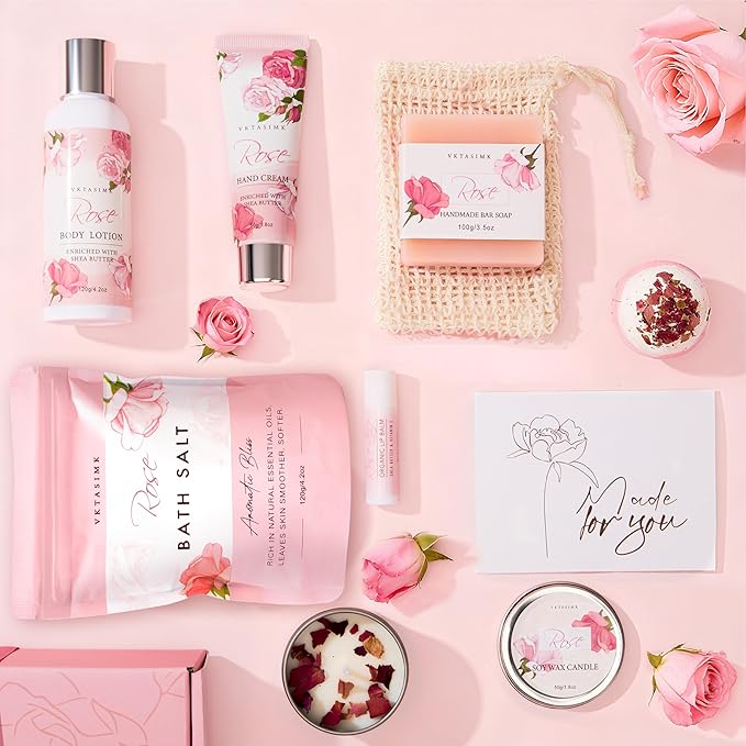 Gifts for Women, Birthday Gifts for Women, Bath and Body Gift Basket Mothers Day Gifts, Rose Home Spa Set Self Care Gift, Thank You for Mom Sister Her Teacher Friends Friendship