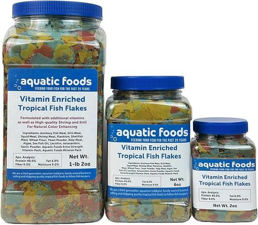 Aquatic Foods Inc. Premium Vitamin Enriched Tropical Fish Flakes, Vitamin Pack, Krill, Color Enhancing, Spirulina Flakes for All Tropical Fish Also Pellet Mix, Wafer Mix Included…2oz Jar