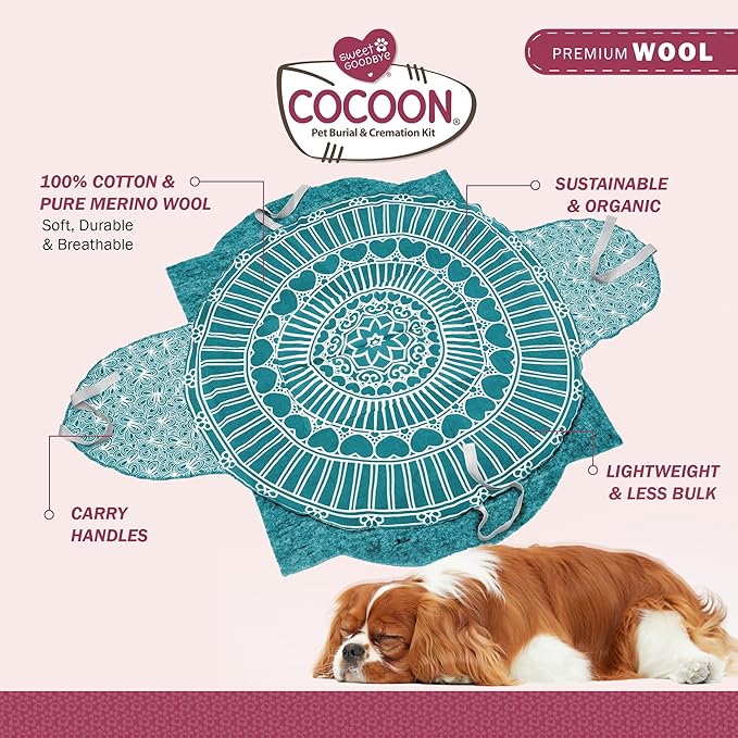 Cocoon® - Eco-Friendly Pet Burial & Cremation Ceremony Kit (Premium Wool) - Casket for Dogs and Cats – Size for Every Breed (Choose Size & Color) (Large, Teal Green)