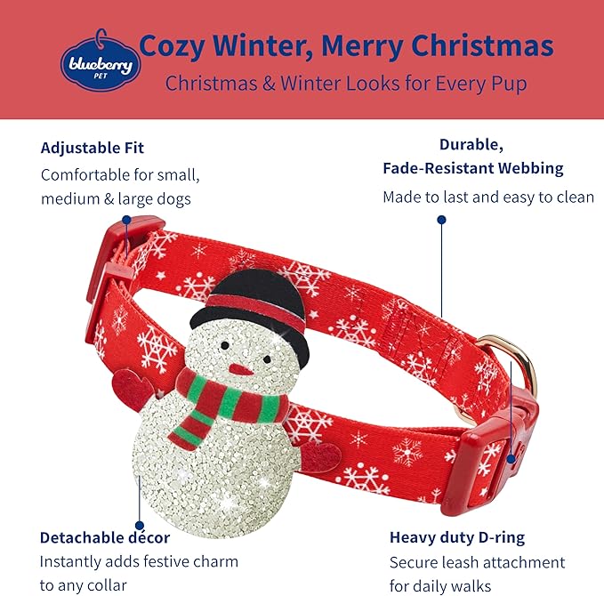 Blueberry Pet Festive Christmas Snowflake Dog Collar, Large Adjustable 18"-26", Holiday Glitter Fabric Collar with Detachable Snowman Décor for Big Dogs