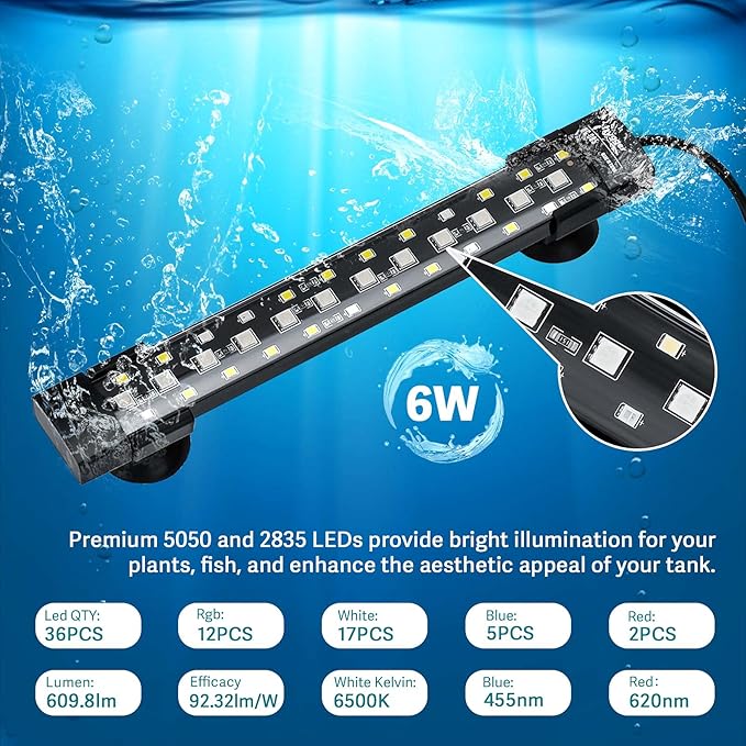hygger 24/7 Mode Submersible Aquarium LED Light, Full Spectrum Hidden Fish Tank Light with 3 Rows Beads 7 Colors Auto On Off Sunrise-Daylight-Moonlight, Adjustable Timer Brightness 6W