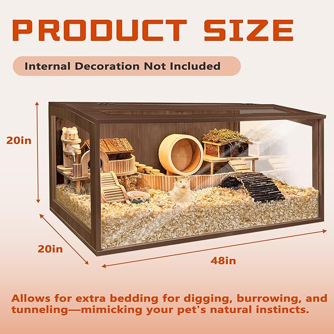 PROLEE Hamster Cage with Chewproof Wood Top,Guinea Pig Cages, Hamster Habitat with Clear Acrylic Sheets Solid Built, Small Animal Cage (Walnut, 48X20X20 inch)