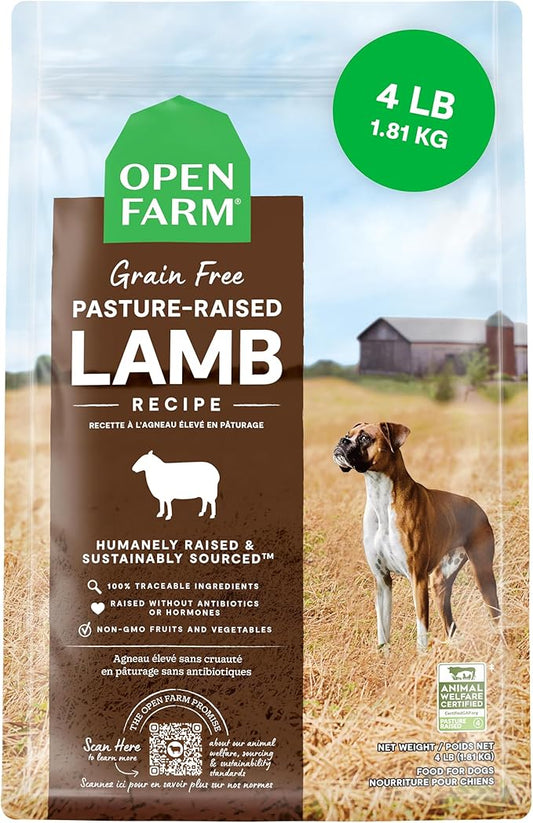 Open Farm, Grain-Free Dry Dog Food, Complete & Balanced Kibble, Sustainably & Ethically Sourced Ingredients, Non-GMO Veggies & Superfoods Support Overall Health, Pasture Raised Lamb Recipe, 4lb Bag