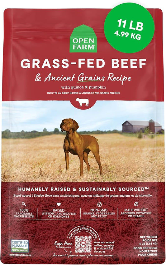 Open Farm, Ancient Grains Dry Dog Food, Protein-Rich & Nutrient Dense, 90% Animal Protein Mixed with Non-GMO Fruits, Veggies and Superfoods, Grass-Fed Beef Recipe, 11lb Bag