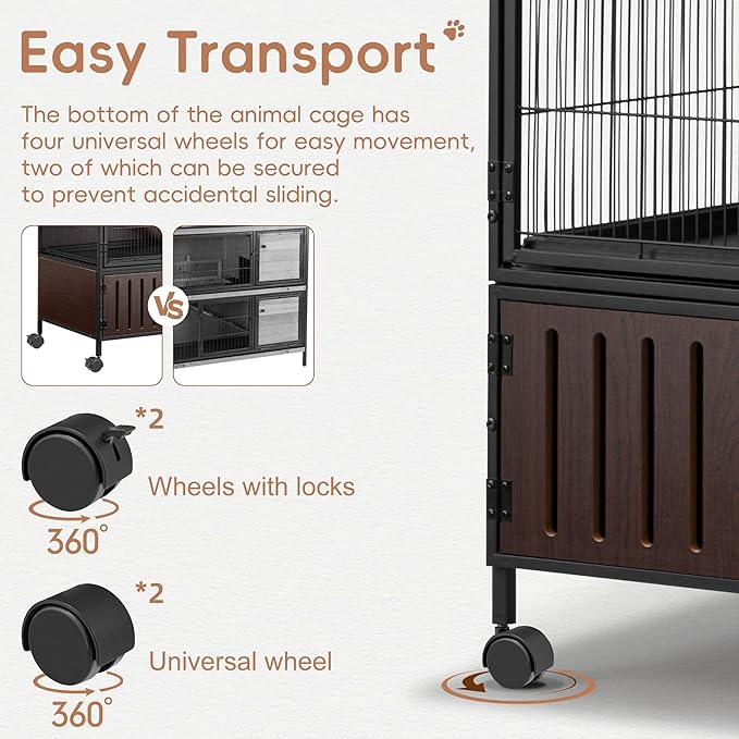 HABUTWAY 36.5''H Metal Large Ferret Cage, Rolling Chinchilla Cage with Removable Ramps& Double Door, Critter Nation with Locker, Small Animal Cage, Rat Indoor Wooden Pet Crate Furniture