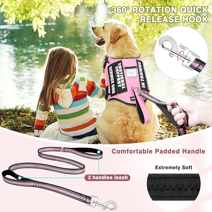 Service Dog Vest Harness and Leash Set+10 Patches,No Pull&Easy Walk Reflective Dog Harness with Soft Padded Handle for Training/Everyday,Fit Small/Medium/Large/Extra-Large Dogs(Pink S)