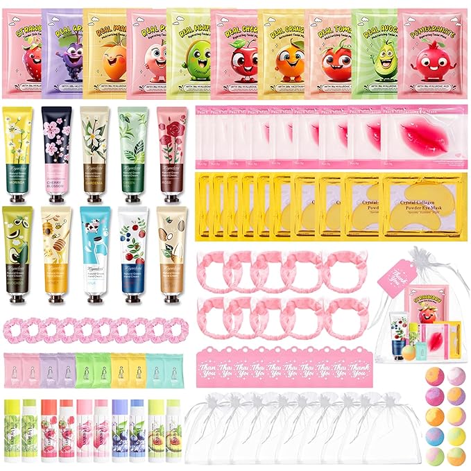 110PCS Spa Party Supplies for Girls,Spa Party Favors Include Lip Mask,Foot Bath Bombs,Face Masks,Lip Mask Skin Care Kit,Mothers Day Gifts,Bulk Gifts,Birthday Sleepover Party Supplies for Women
