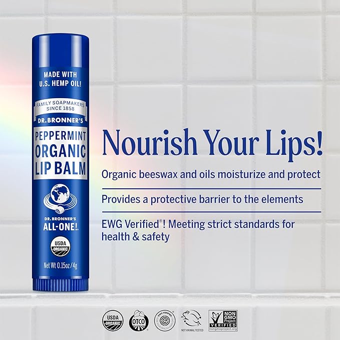 Dr. Bronner's - Organic Lip Balm (Peppermint, 0.15 ounce, 6-Pack) - Made with Organic Beeswax and Avocado Oil, For Dry Lips, Hands, Chin or Cheeks, Jojoba Oil for Added Moisture, Cooling and Hydrating