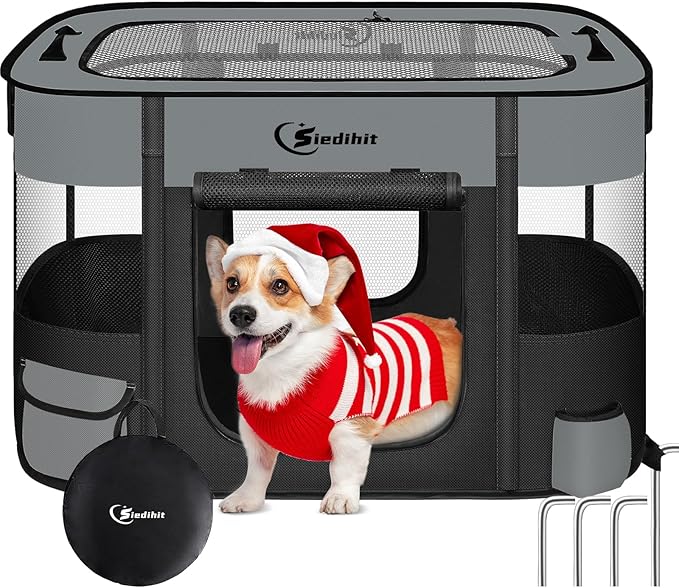 Dog Cat Playpen, Pet Puppy Portable Pens for Outdoor Travel Crate, Indoor After Surgery Use, Foldable Dog Kennel Tent for Rabbit or Small Animals and Tent Stakes (Dark Grey, Small)
