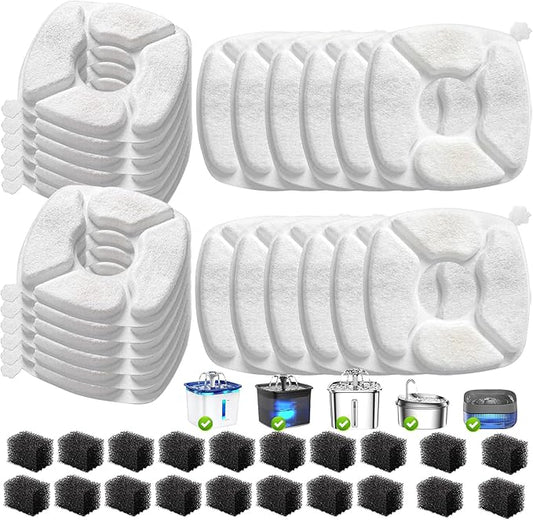 40 Pcs Cat Water Fountain Replacement Filters-20 Pack Cat Fountain Filters with 20 Pack Sponges, Enhanced Compatibility Pet Fountain Filter Fit for 95oz/2.8L 135oz/4L 67oz/2L Pet Drinking Fountain