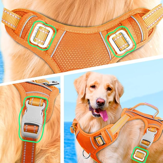 BARKBAY No Pull Dog Harness Large Reflective Dog Harness with Front Clip and Easy Control Handle for Walking Training Running with ID tag Pocket(Orange,L)