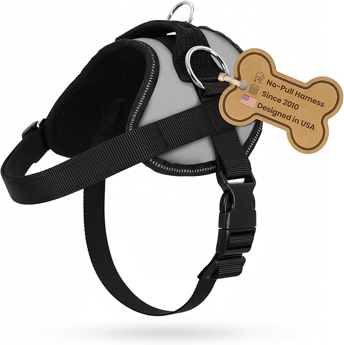 Bark Appeal Gray No-Pull Dog Harness for Medium to Large Sized Pets – Adjustable, Reflective Vest with 3 Leash Clips for Added Control, Easy Walks & Training – L