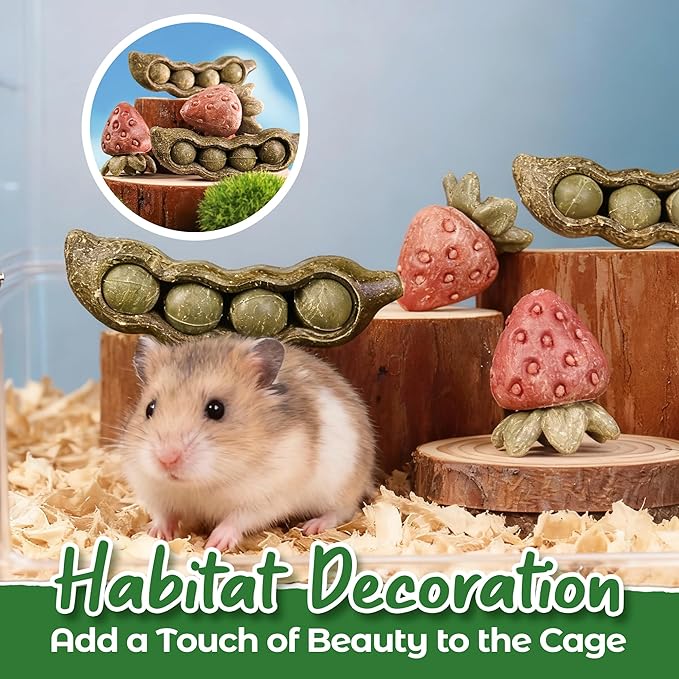 TEEWY Guinea Pig Toys, Hamster Toy, Natural Guinea Pig Chew Toys for Teeth Grinding, for Hamster, Gerbil, Chinchilla, Rat, Peapod and Stawberry Chew Toy Set