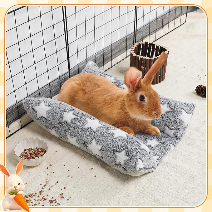 MEWTOGO 15.7" x 14" Bunny Bed for Rabbit Cage - Thickened Soft Prevent Sore Hocks Plush Mat with Cotton Lounger Pillows, Small Animal Flop Mat for Hutch Sleeping Indoor, Gray-Star